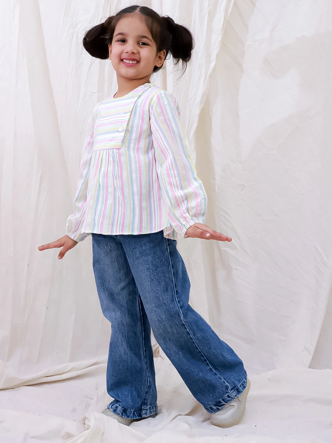 BownBee Pure Cotton Full sleeves Striped Top For Girls - White