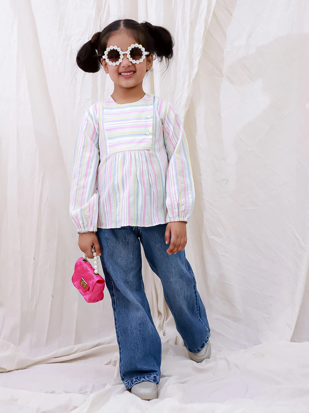 BownBee Pure Cotton Full sleeves Striped Top For Girls - White