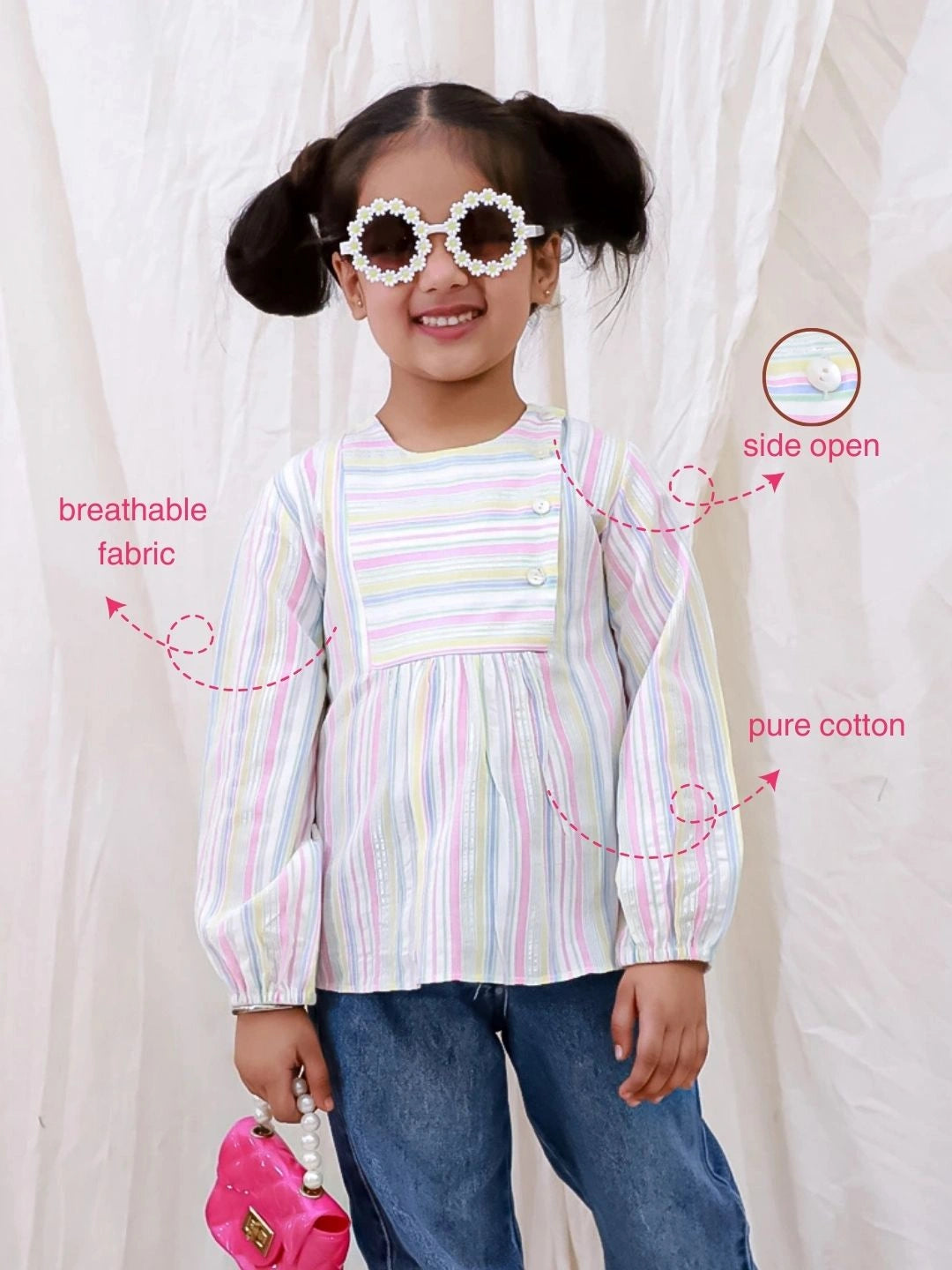 BownBee Pure Cotton Full sleeves Striped Top For Girls - White