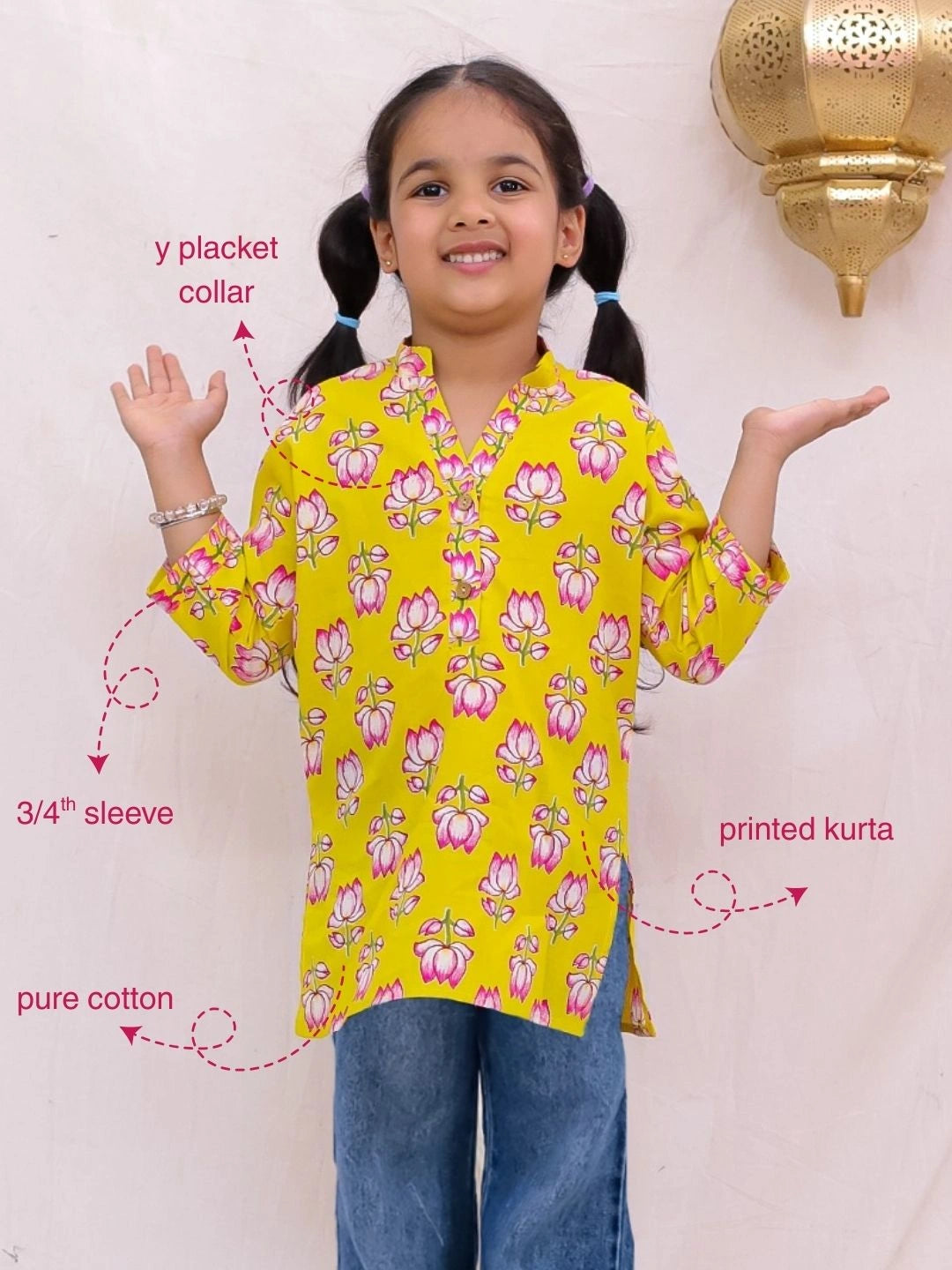 BownBee Pure Cotton Printed  Quater Sleeves Short Kurti For Girls
