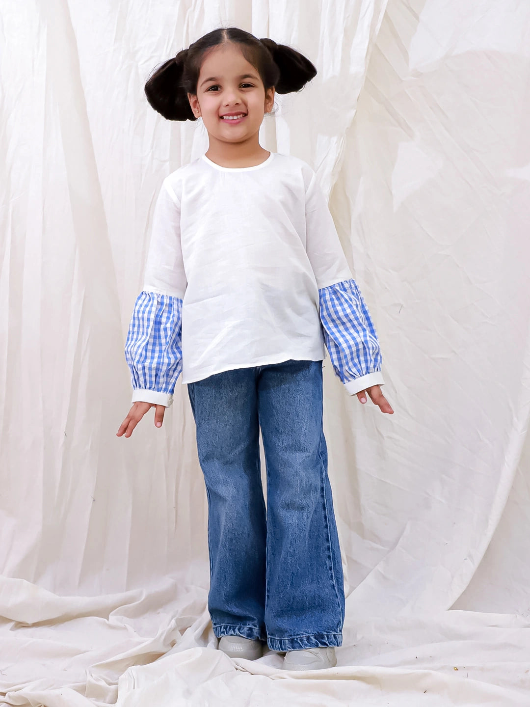 BownBee Pure Cotton Full sleeves Color Block Top For Girls - White