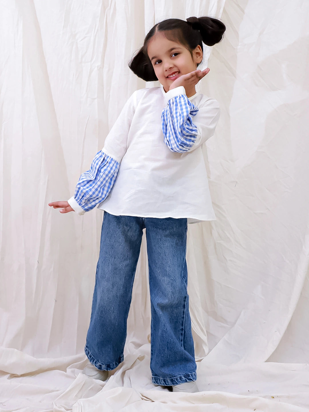 BownBee Pure Cotton Full sleeves Color Block Top For Girls - White