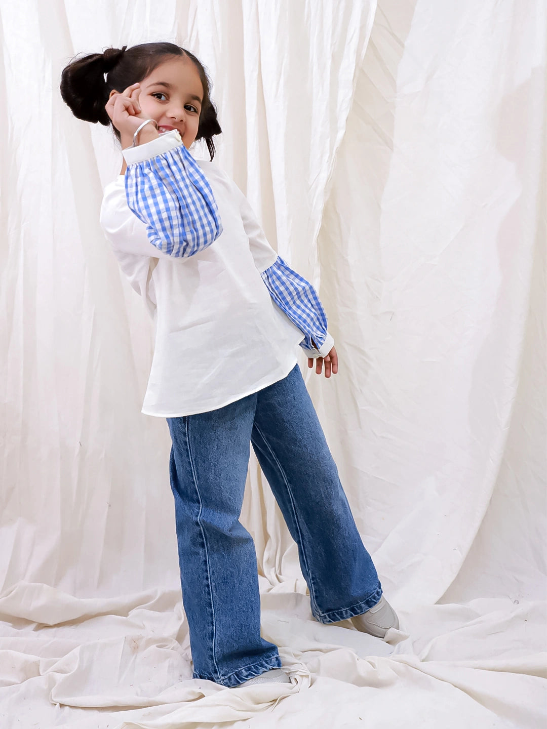 BownBee Pure Cotton Full sleeves Color Block Top For Girls - White