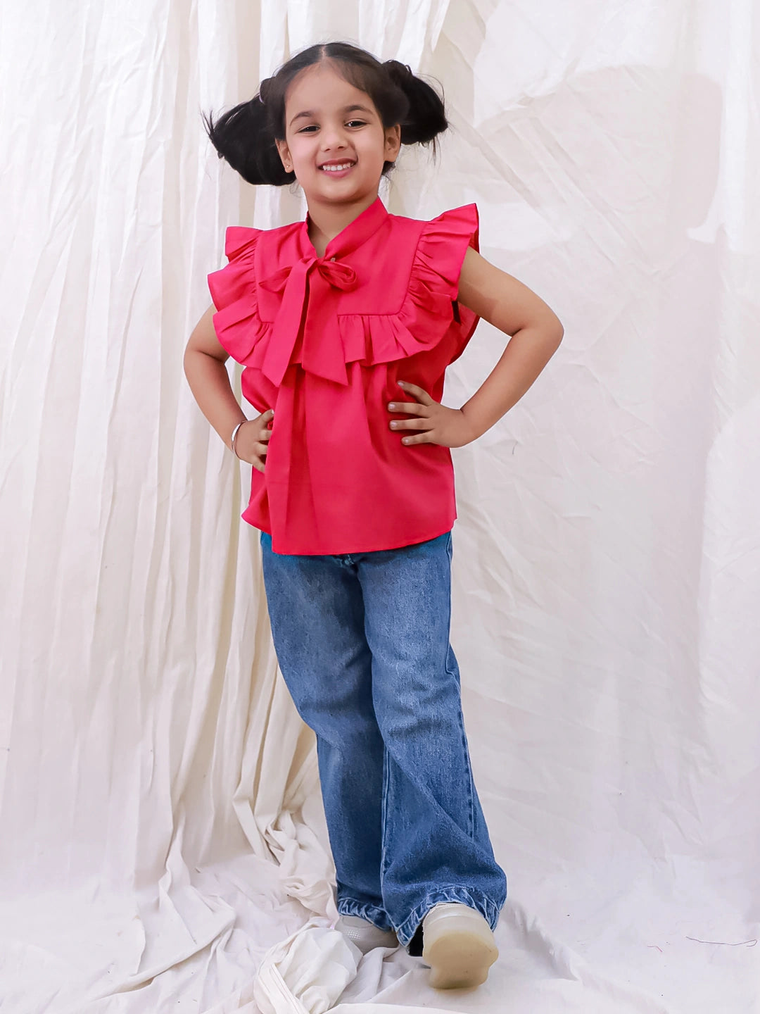 BownBee Pure Cotton Sleeveless Ruffled Neck Top For Girls - Pink