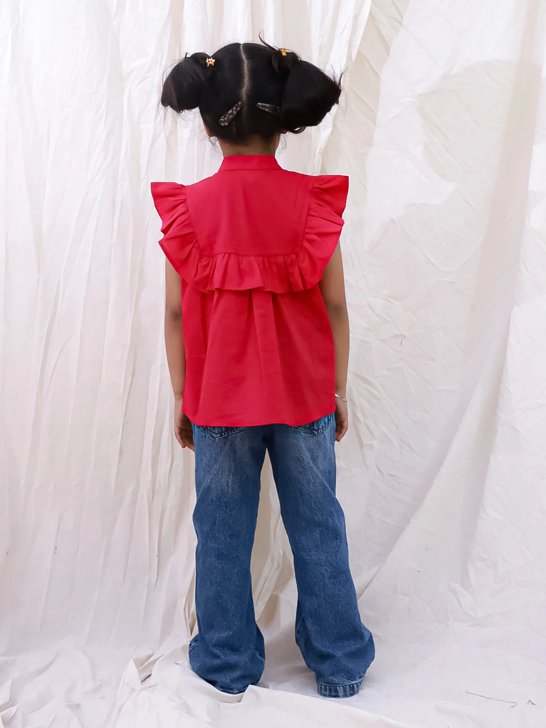 BownBee Pure Cotton Sleeveless Ruffled Neck Top For Girls - Pink