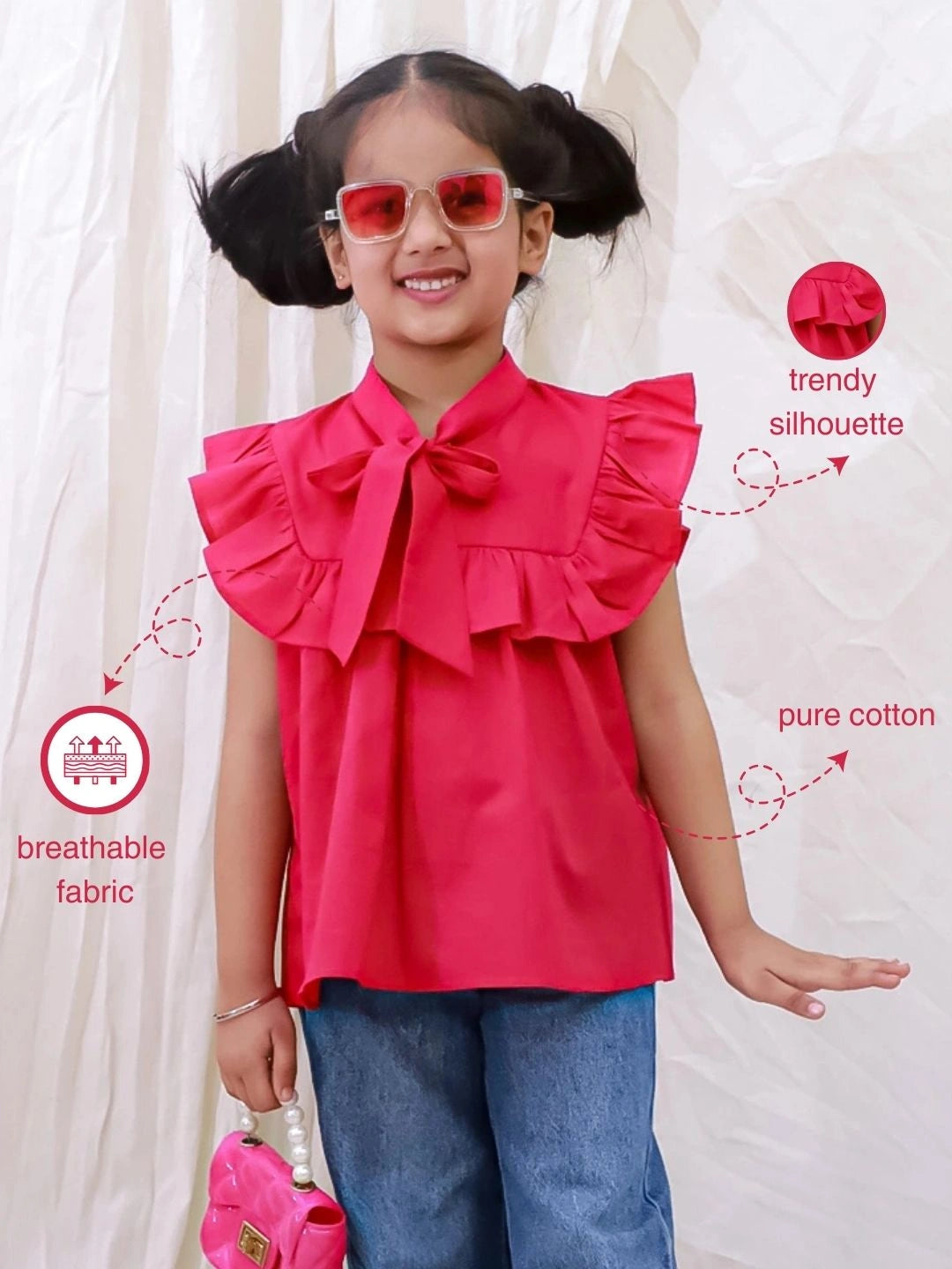 BownBee Pure Cotton Sleeveless Ruffled Neck Top For Girls - Pink