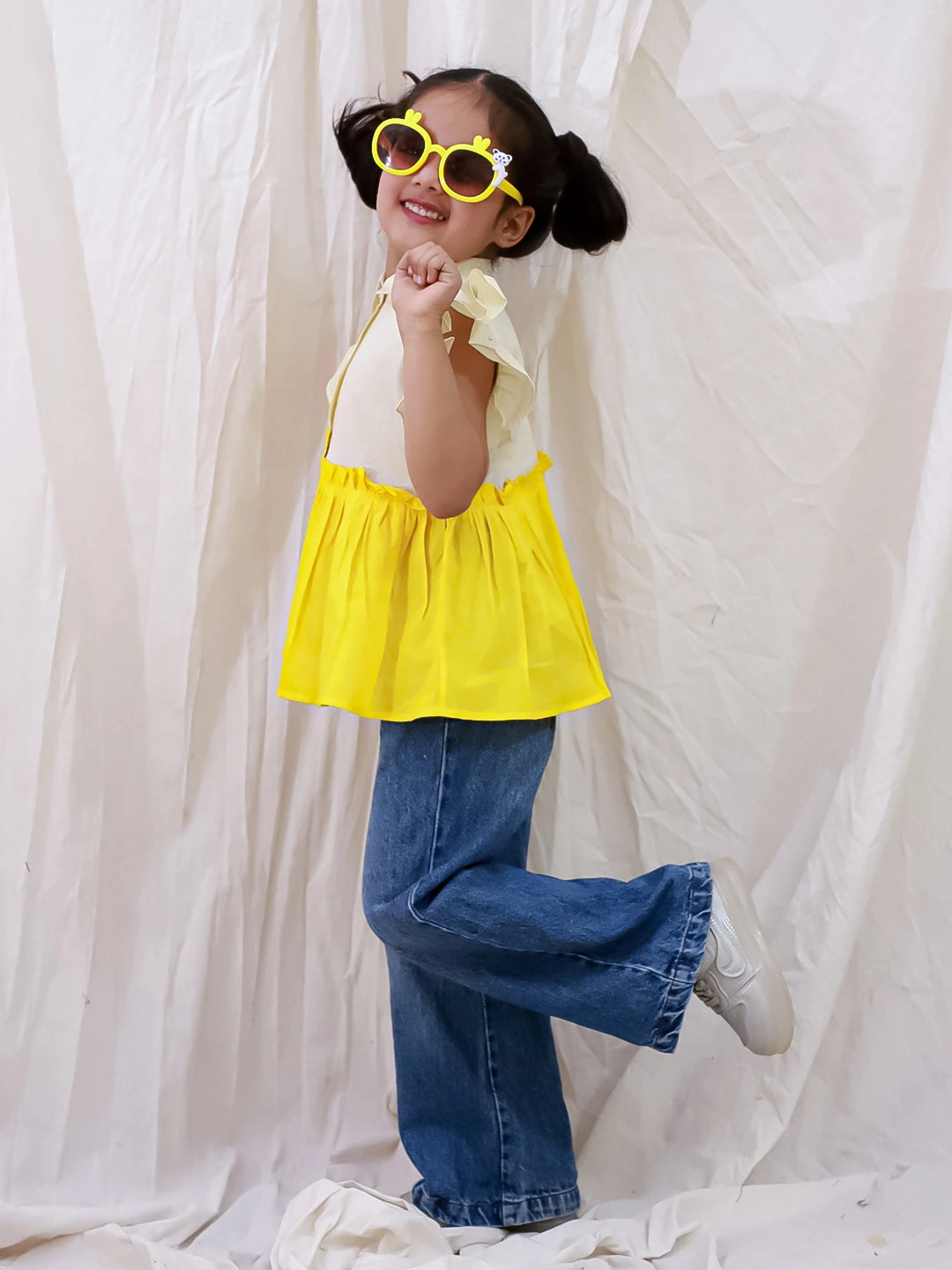 BownBee Pure Cotton Ruffle Sleeves Top For Girls - White