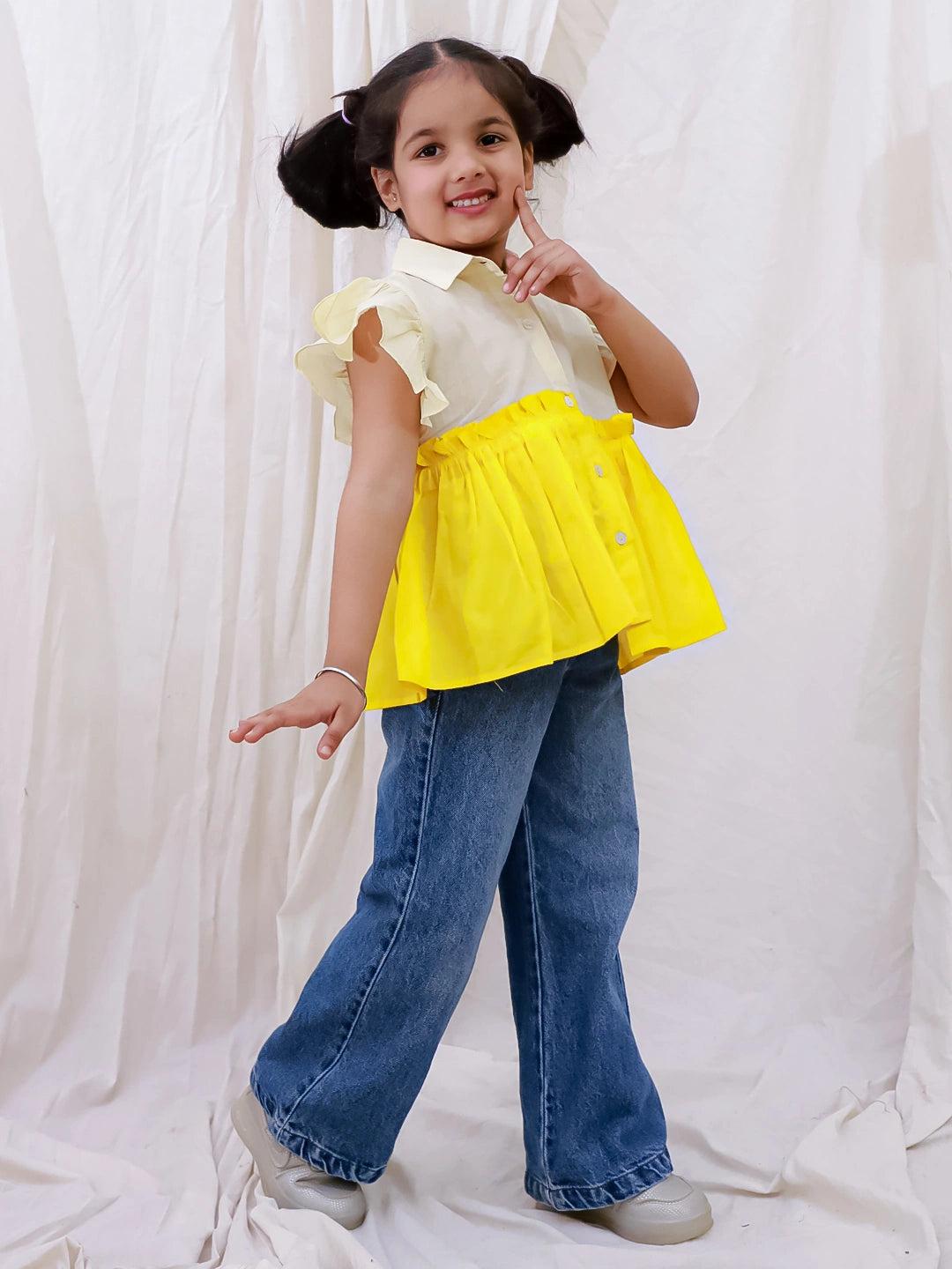 BownBee Pure Cotton Ruffle Sleeves Top For Girls - White