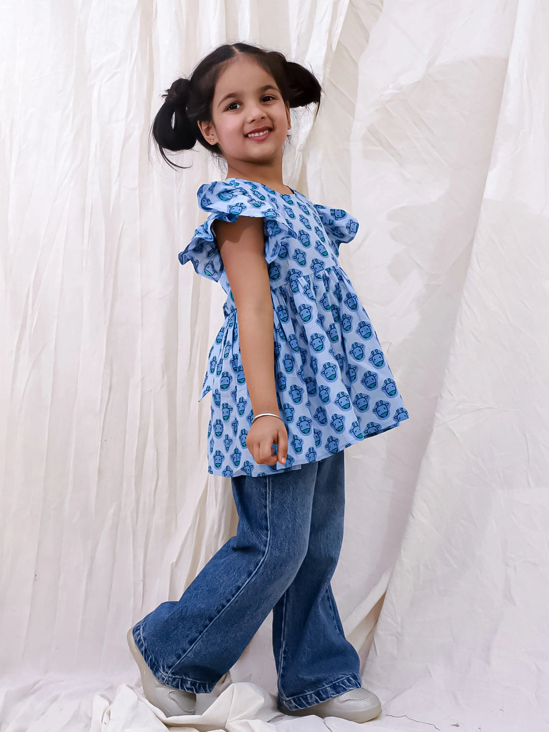 BownBee Pure Cotton Ruffle Sleeves Top For Girls - Blue