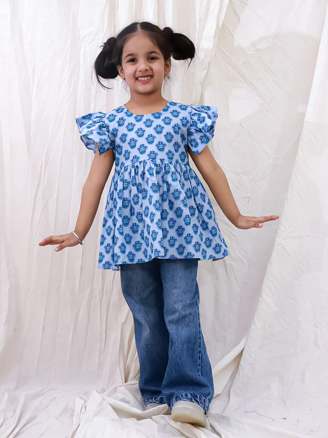 BownBee Pure Cotton Ruffle Sleeves Top For Girls - Blue