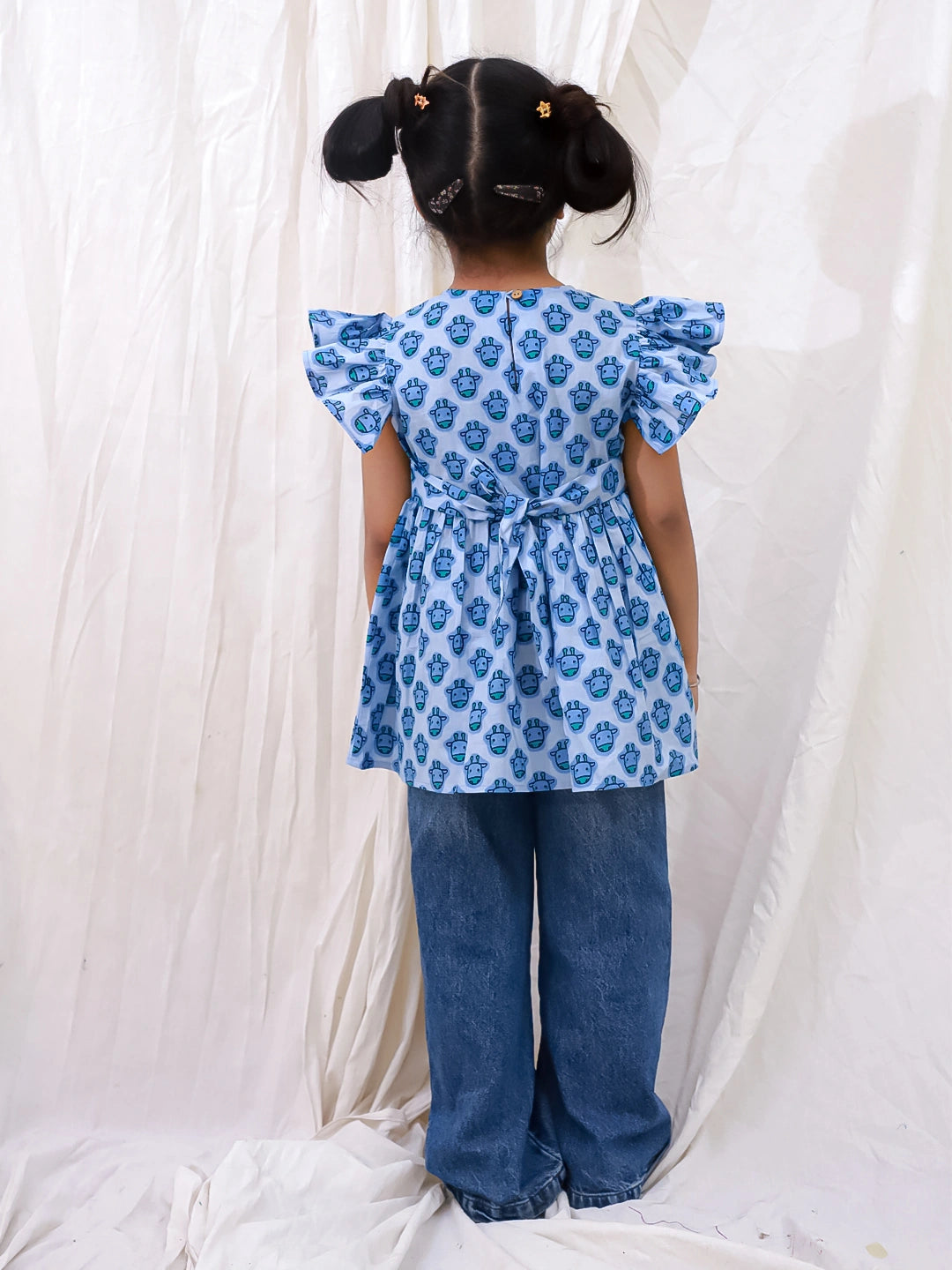 BownBee Pure Cotton Ruffle Sleeves Top For Girls - Blue