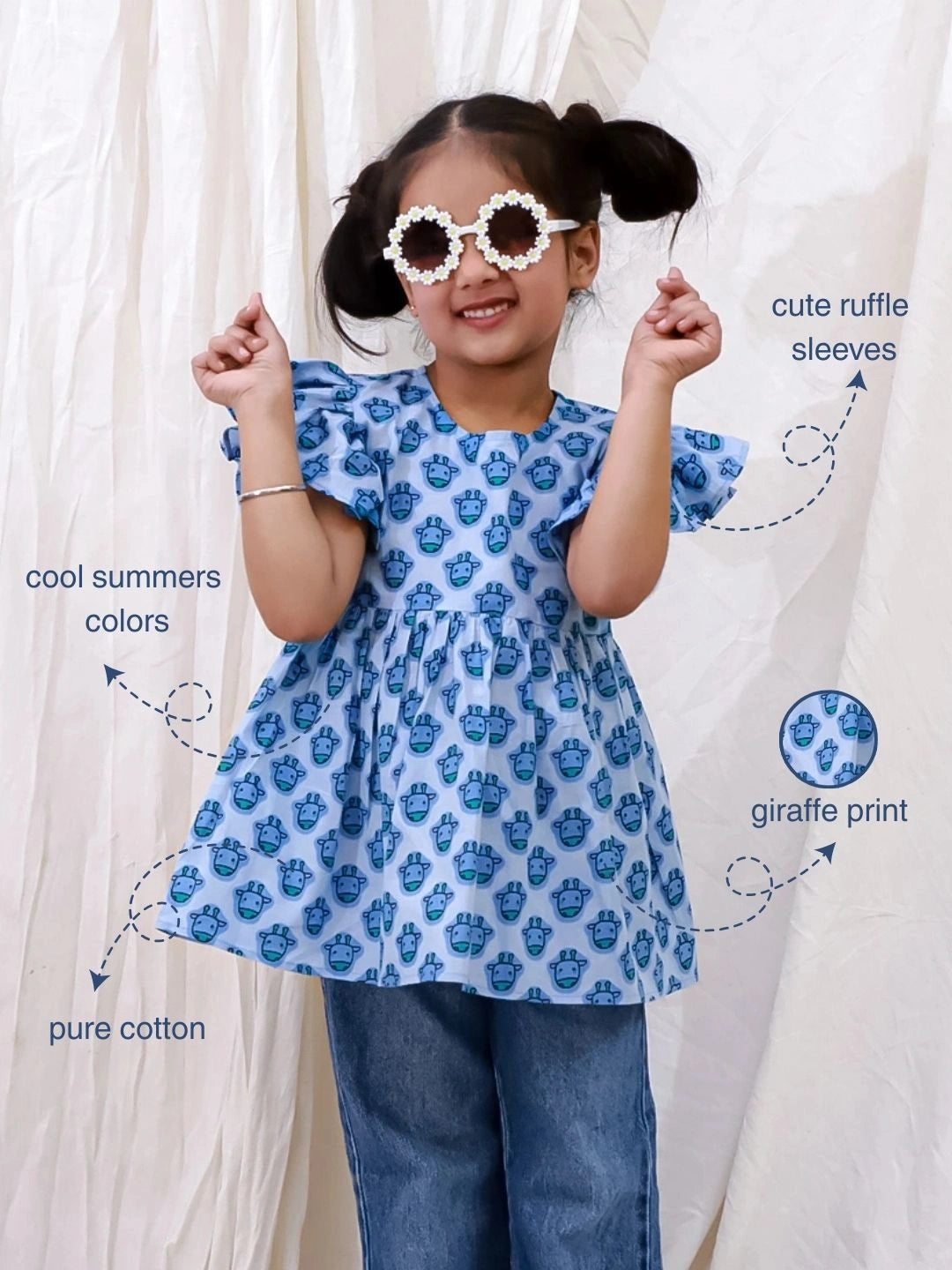 BownBee Pure Cotton Ruffle Sleeves Top For Girls - Blue