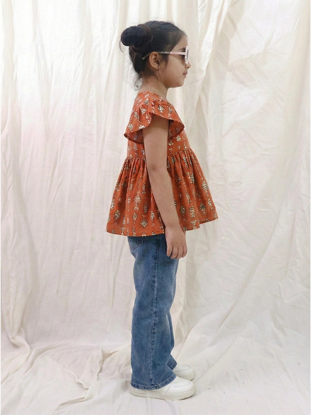 BownBee Pure Cotton Ruffle Sleeves Top For Girls - Blue