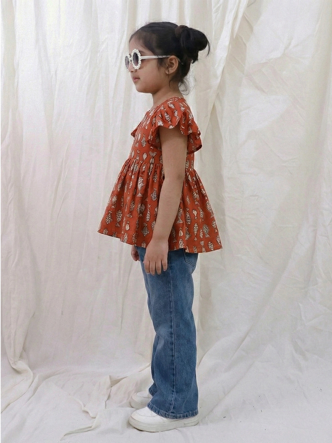 BownBee Pure Cotton Ruffle Sleeves Top For Girls - Blue