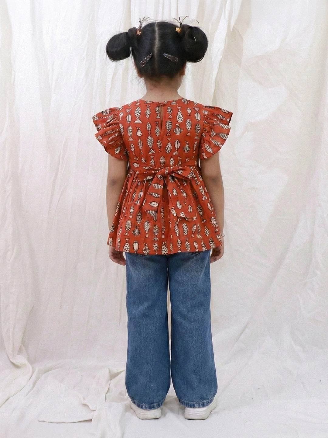 BownBee Pure Cotton Ruffle Sleeves Top For Girls - Blue