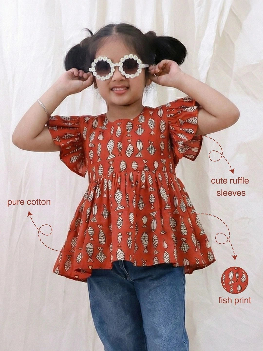 BownBee Pure Cotton Ruffle Sleeves Top For Girls - Blue