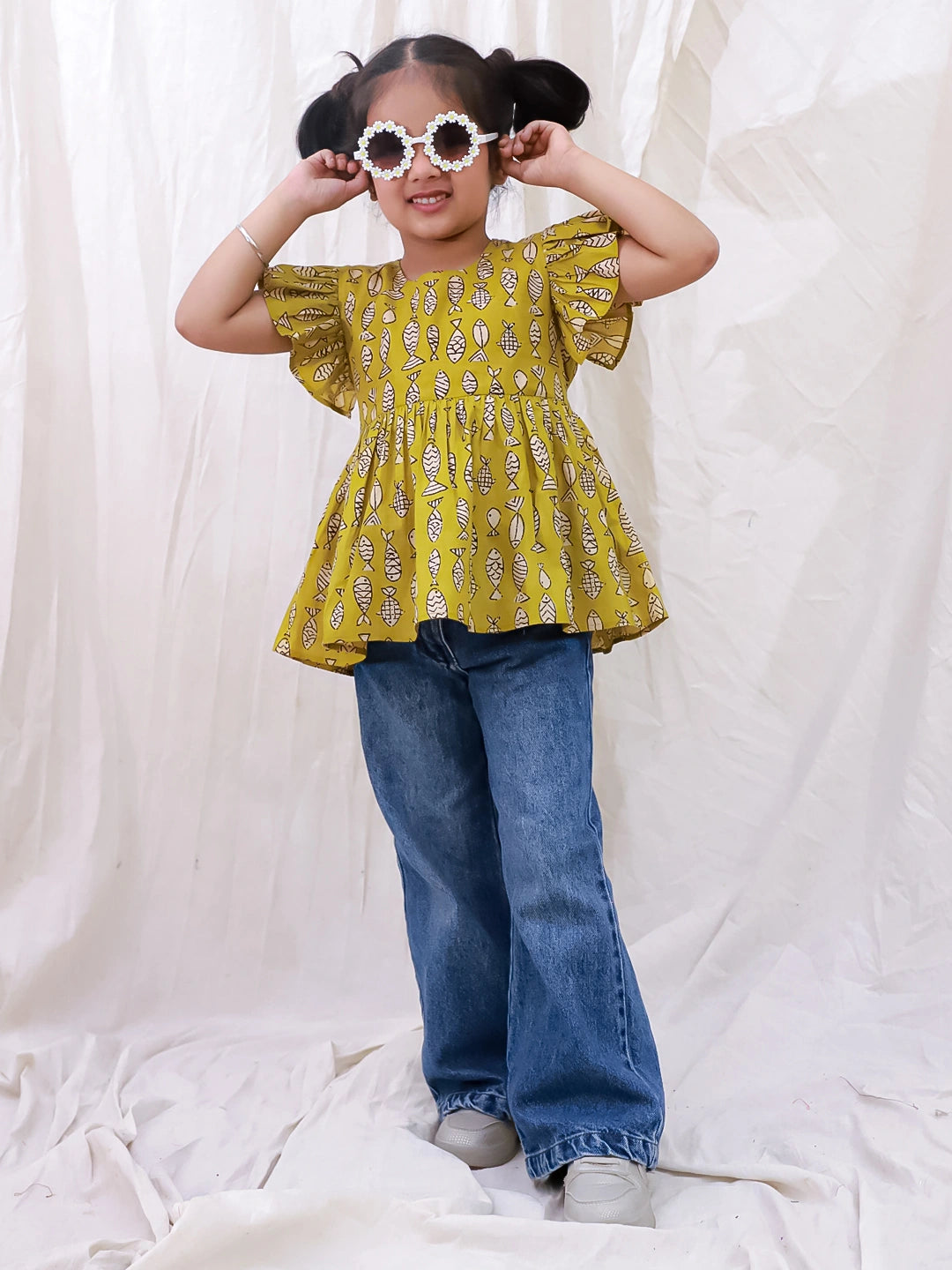 BownBee Pure Cotton Ruffle Sleeves Top For Girls - Blue