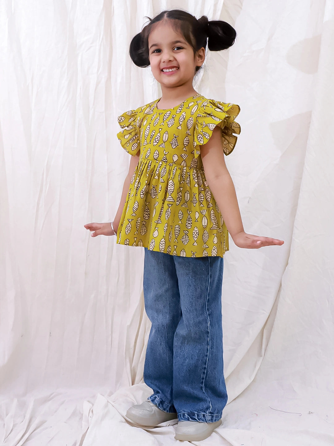 BownBee Pure Cotton Ruffle Sleeves Top For Girls - Blue