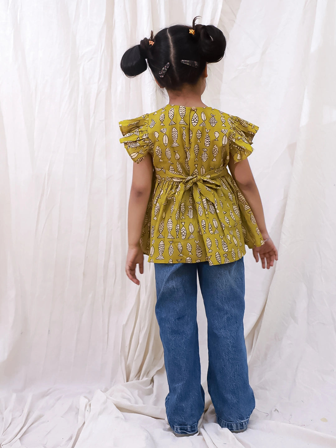 BownBee Pure Cotton Ruffle Sleeves Top For Girls - Blue