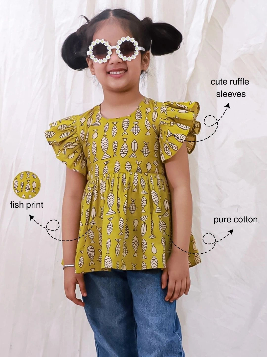 BownBee Pure Cotton Ruffle Sleeves Top For Girls - Blue