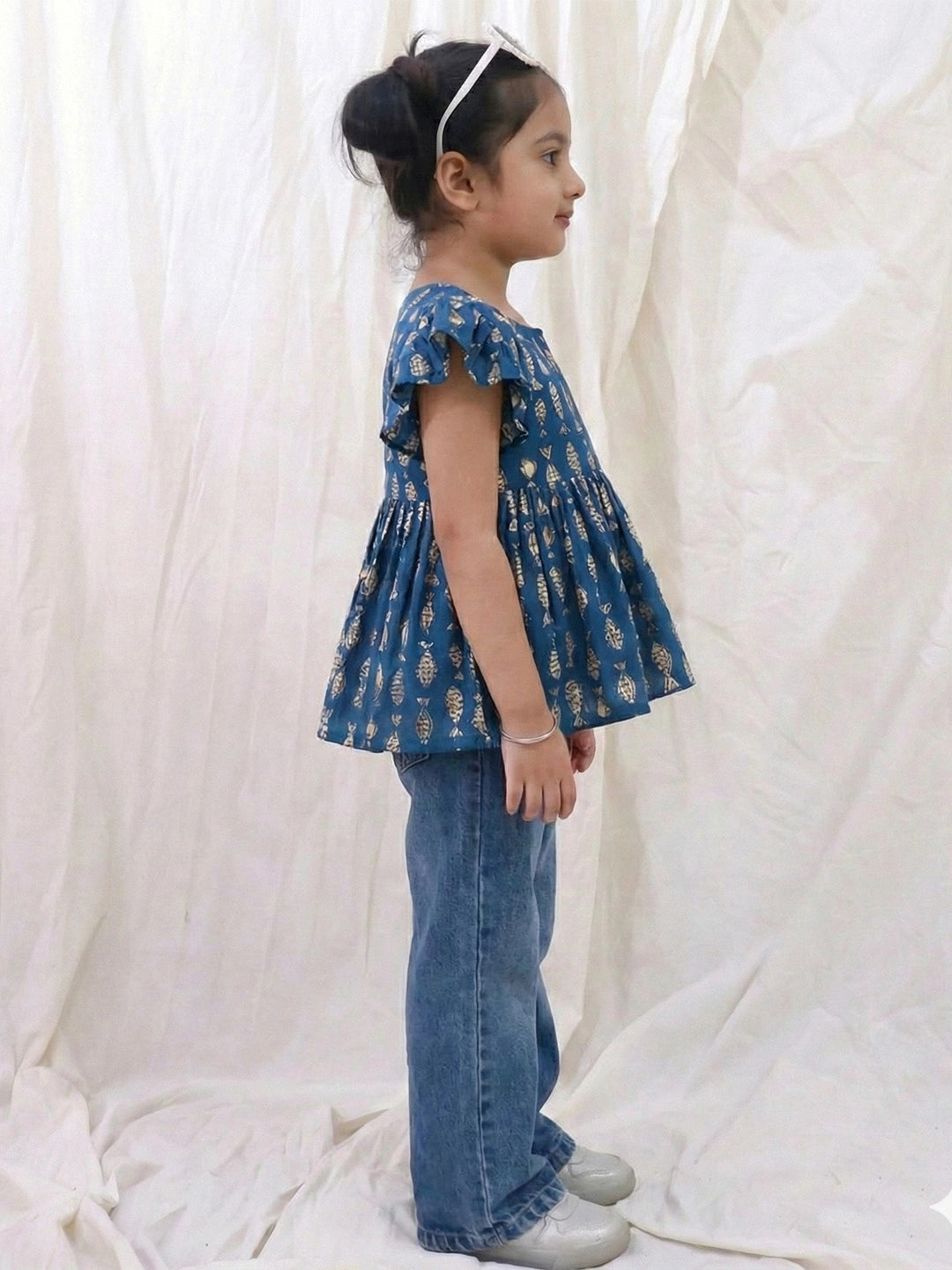 BownBee Pure Cotton Ruffle Sleeves Top For Girls - Blue