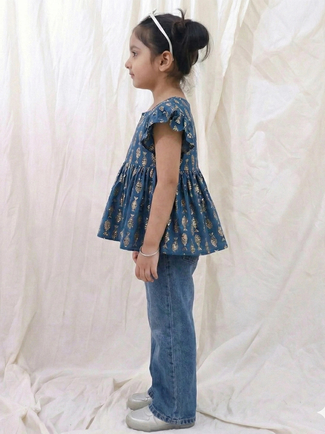 BownBee Pure Cotton Ruffle Sleeves Top For Girls - Blue