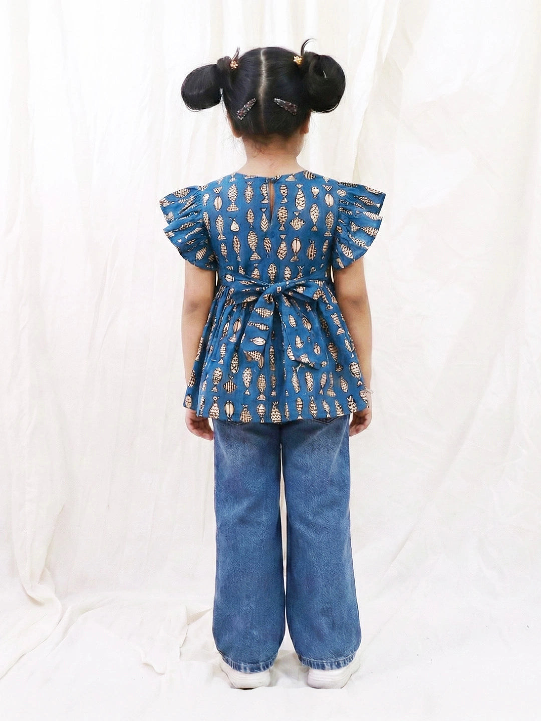 BownBee Pure Cotton Ruffle Sleeves Top For Girls - Blue