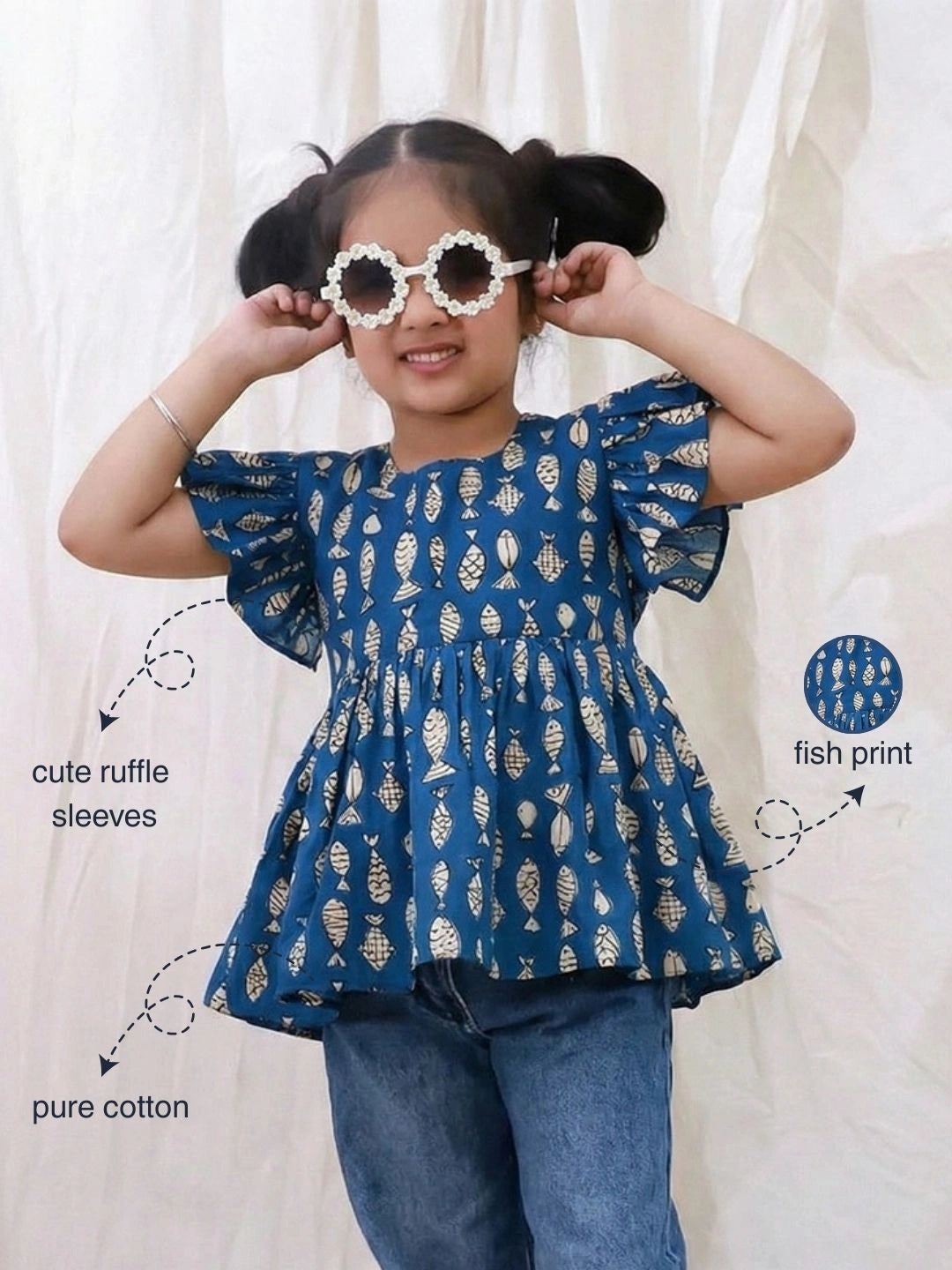 BownBee Pure Cotton Ruffle Sleeves Top For Girls - Blue