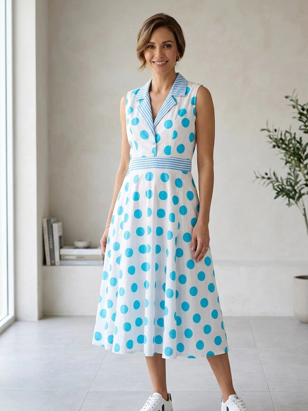 BownBee Sleeveless Polka Print Dress For Women