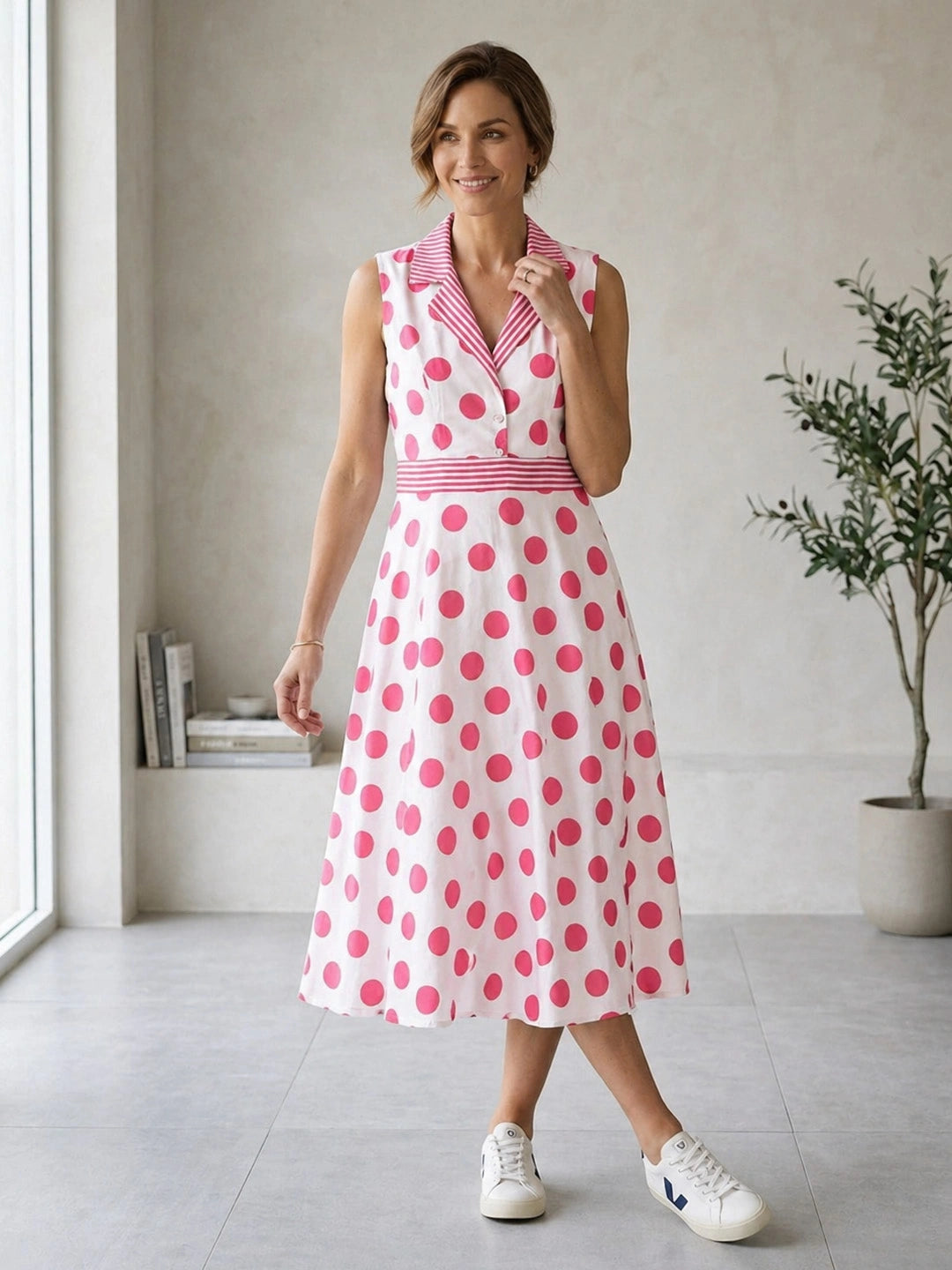 BownBee Sleeveless Polka Print Dress For Women