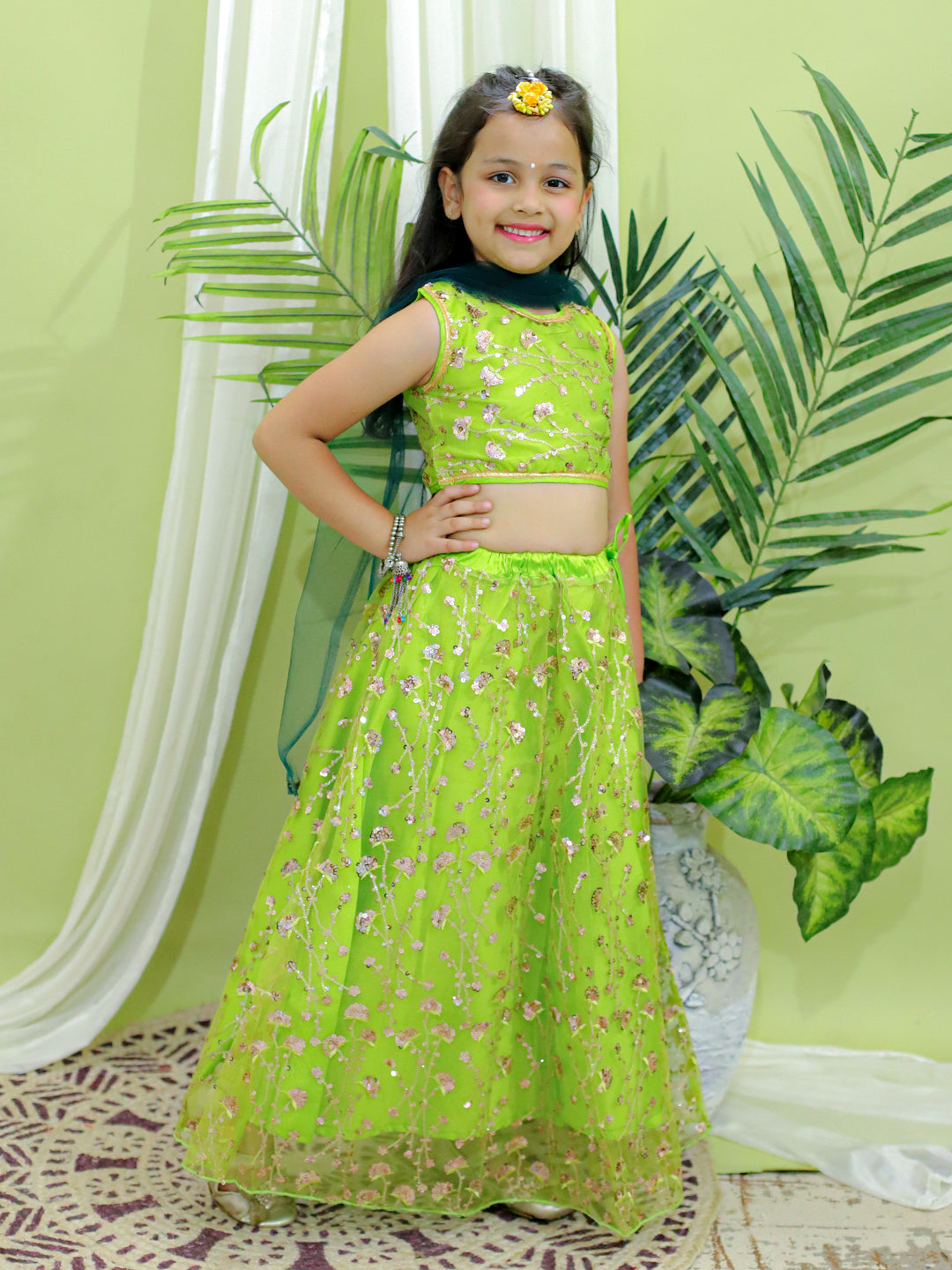 BownBee Sequin Party Lehenga Choli With Dupatta for Girls-Green
