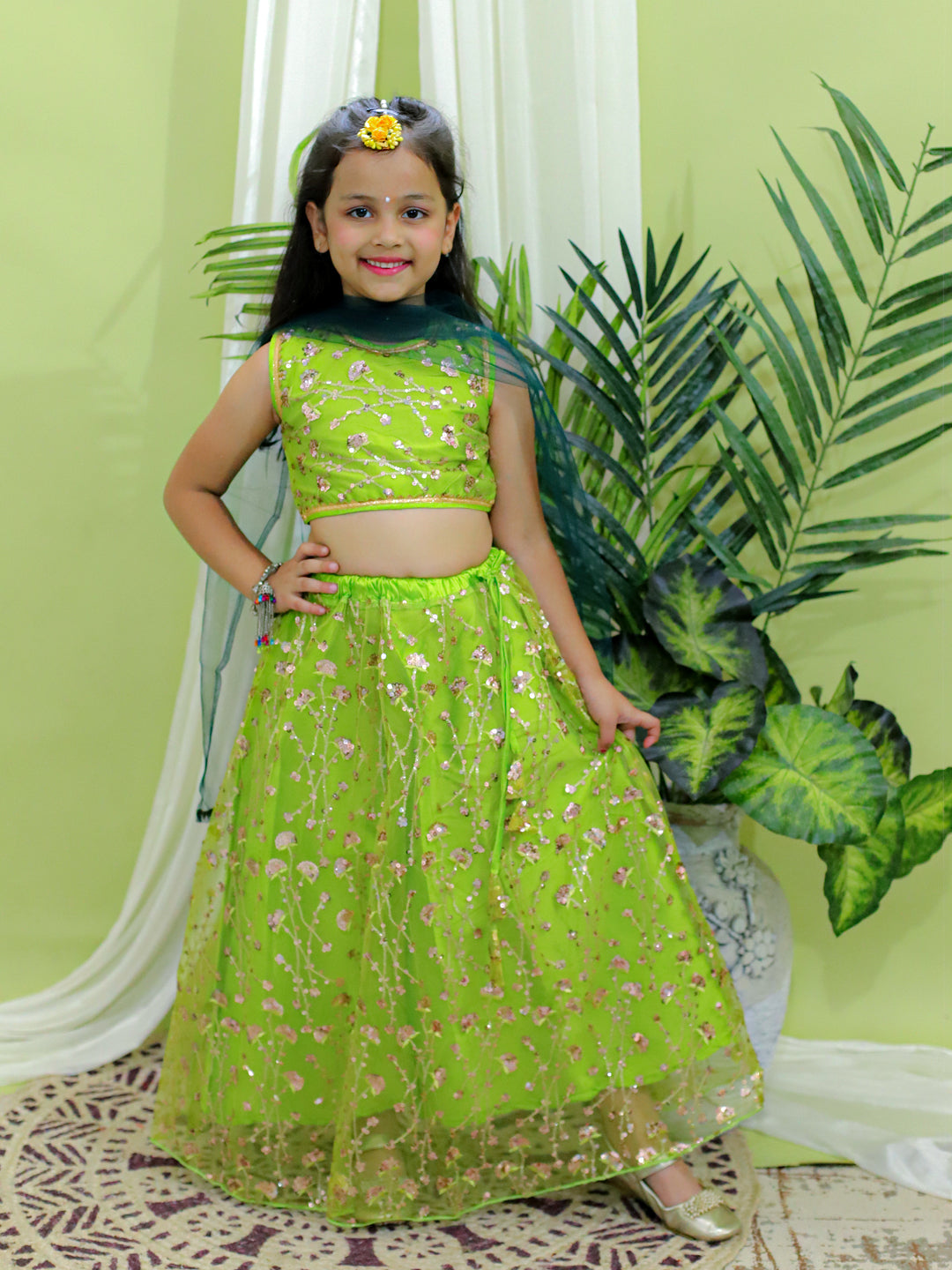 BownBee Sequin Party Lehenga Choli With Dupatta for Girls-Green