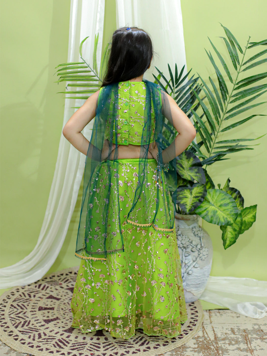 BownBee Sequin Party Lehenga Choli With Dupatta for Girls-Green