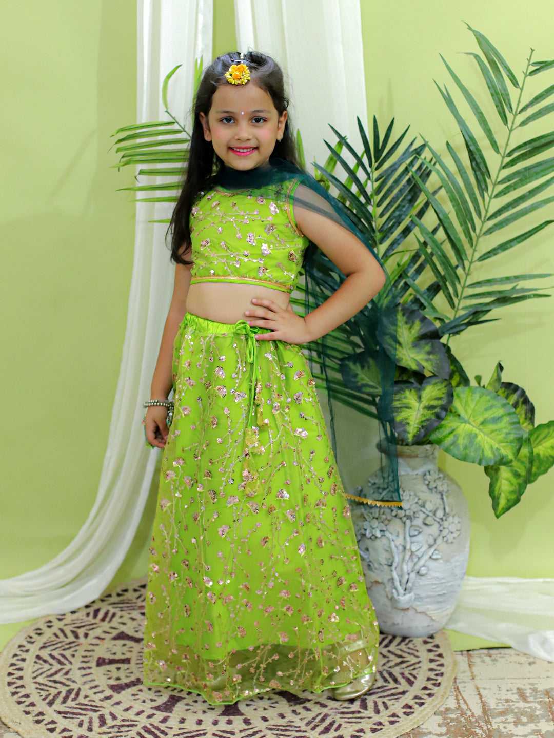 BownBee Sequin Party Lehenga Choli With Dupatta for Girls-Green