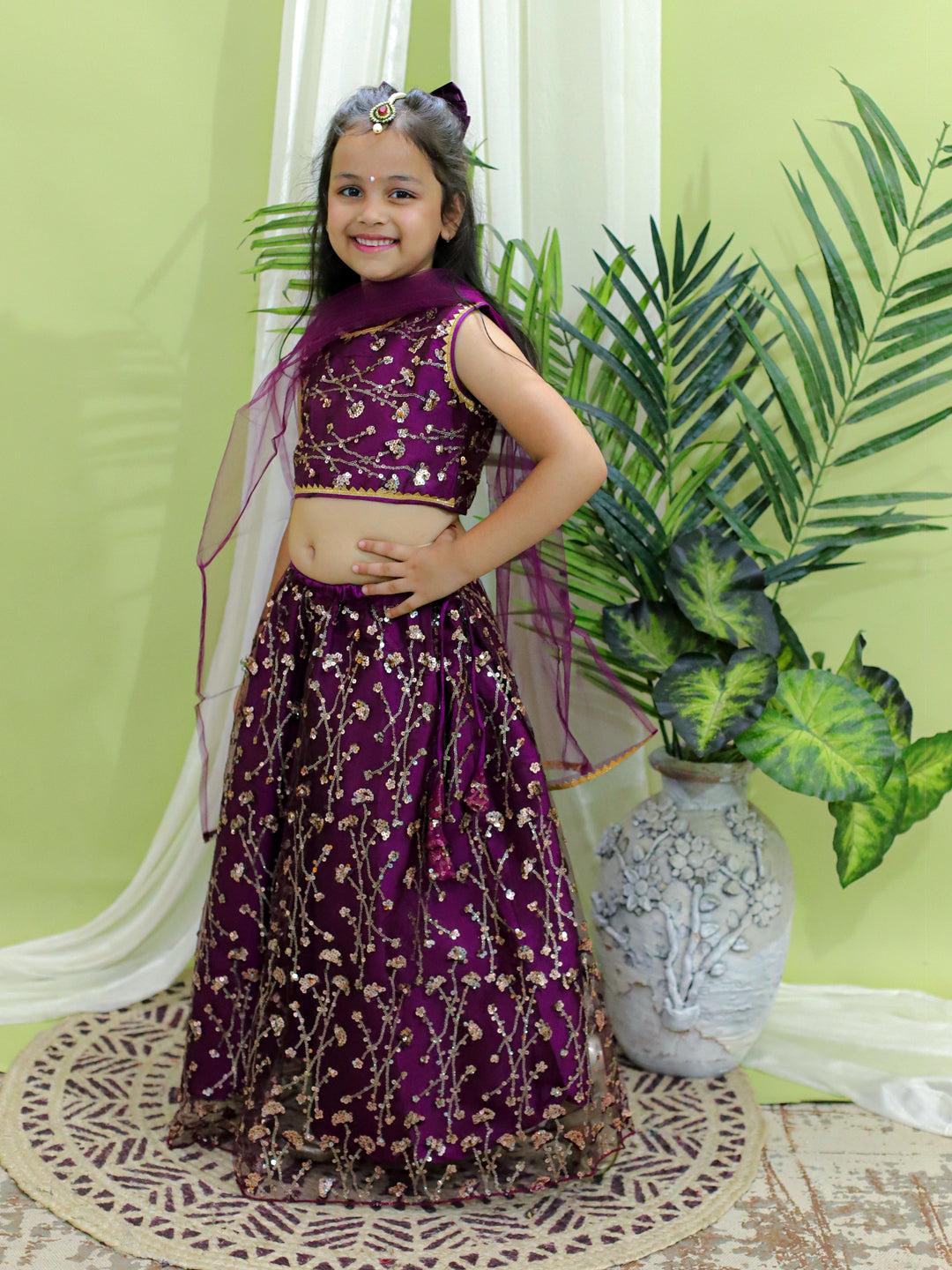 BownBee Sequin Party Lehenga Choli With Dupatta for Girls- Wine