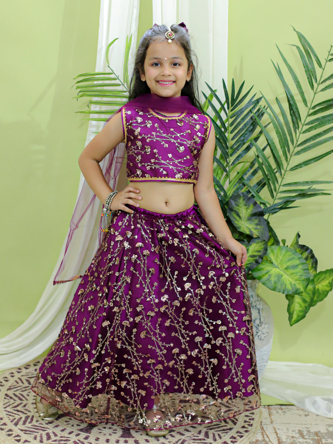 BownBee Sequin Party Lehenga Choli With Dupatta for Girls- Wine
