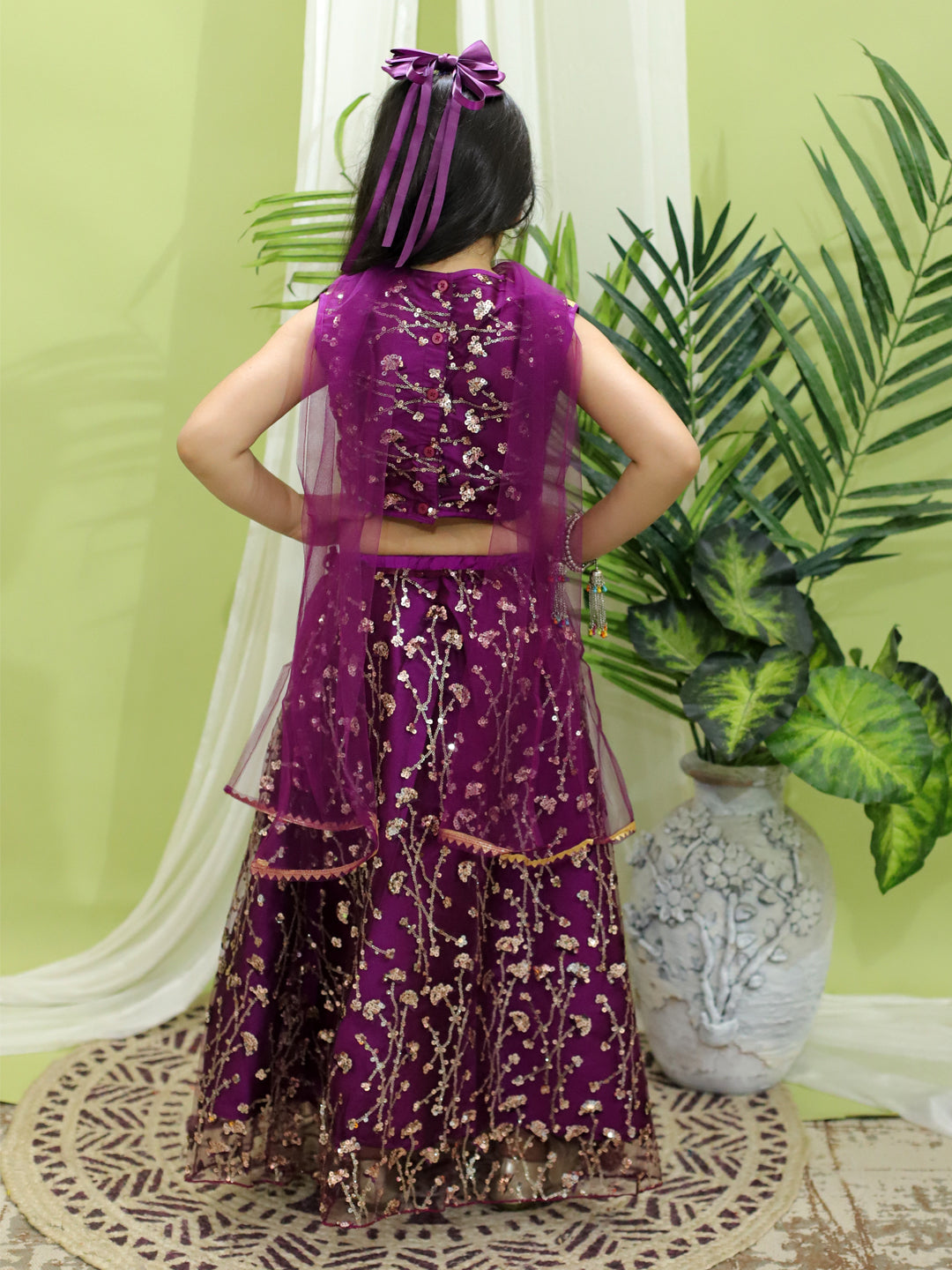 BownBee Sequin Party Lehenga Choli With Dupatta for Girls- Wine