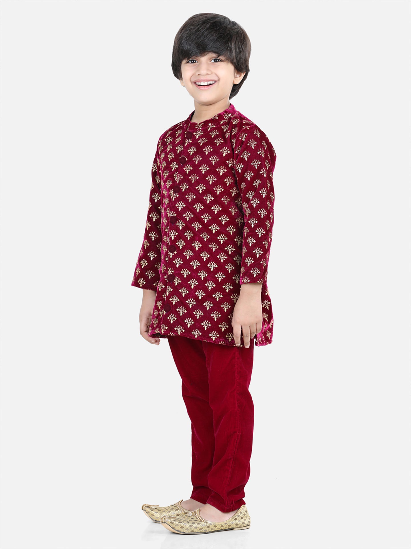 BownBee Boys Full Sleeve Printed Velvet Sherwani for Boys- Wine