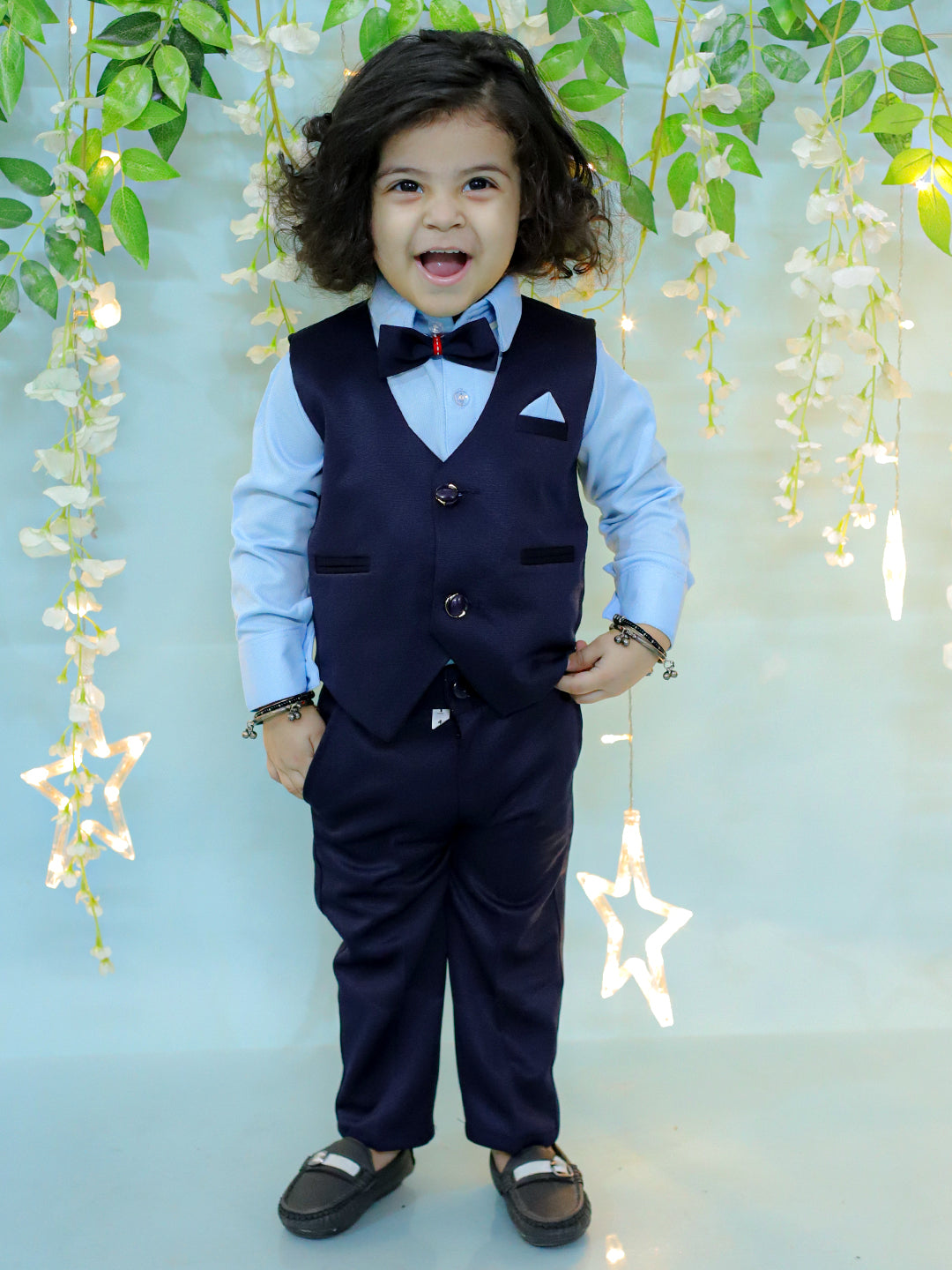 BownBee Pant Shirt with Waistcoat and Bow for Boys- Blue