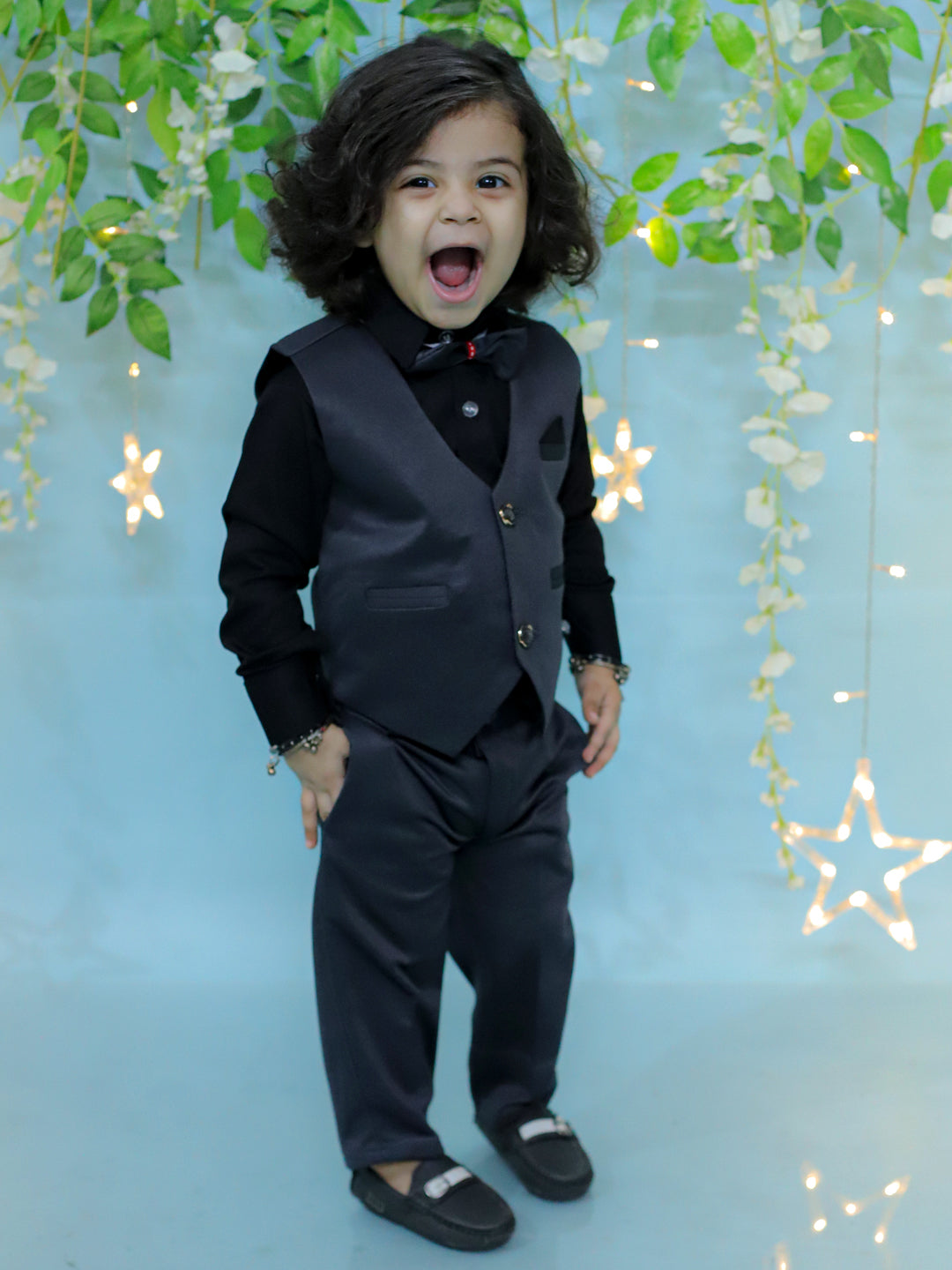 BownBee Pant Shirt with Waistcoat and Bow for Boys- Gray