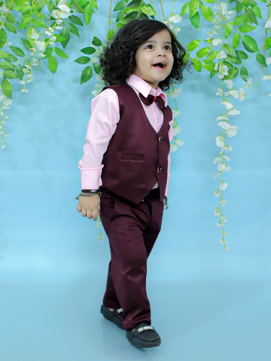 BownBee Pant Shirt with Waistcoat and Bow for Boys- Wine