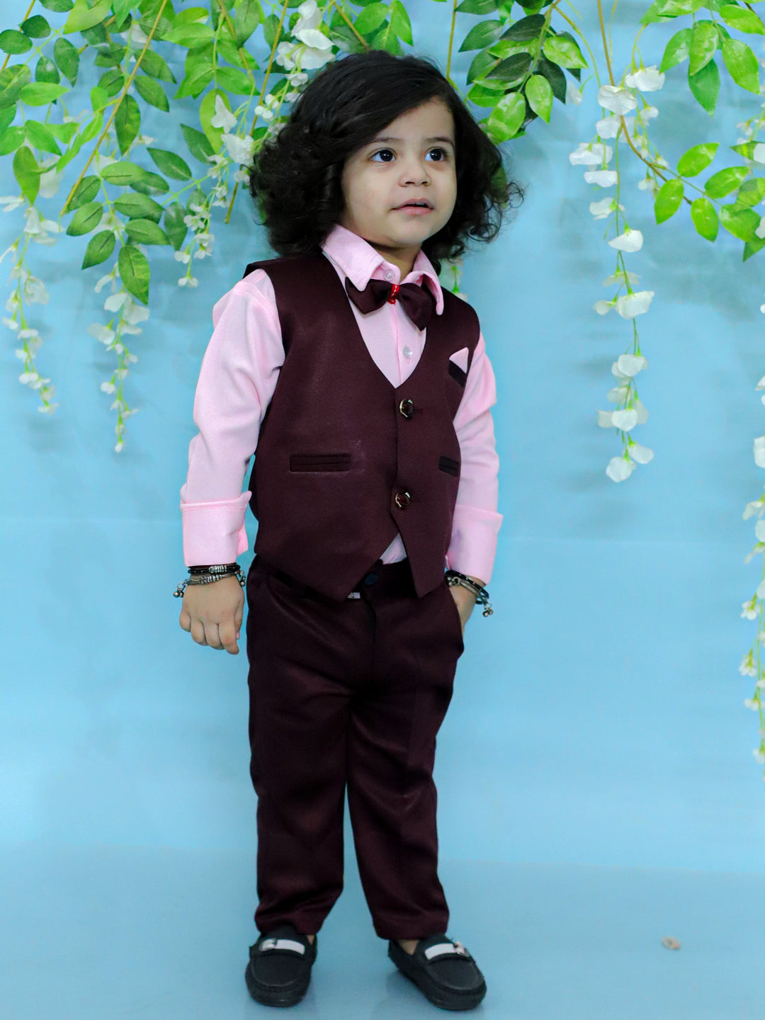 BownBee Pant Shirt with Waistcoat and Bow for Boys- Wine