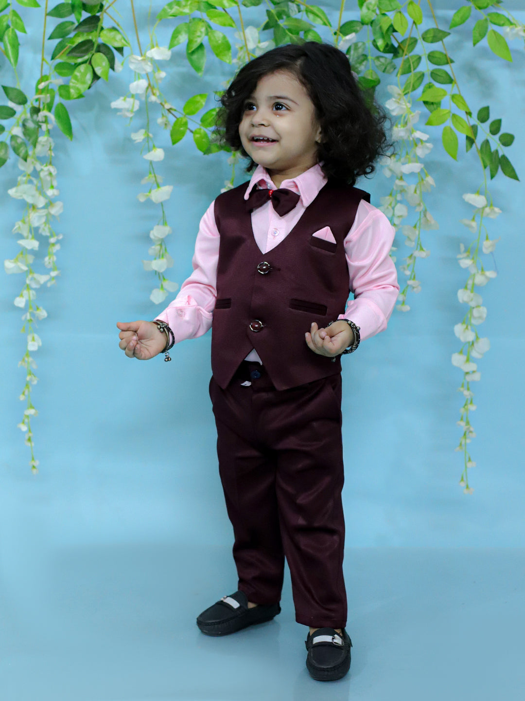 BownBee Pant Shirt with Waistcoat and Bow for Boys- Wine