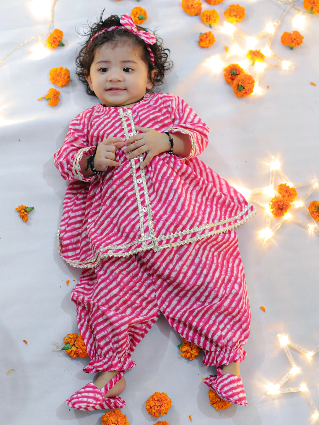 Bownbee Girls Pure Cotton Ethnic Set For Infants   -  Pink