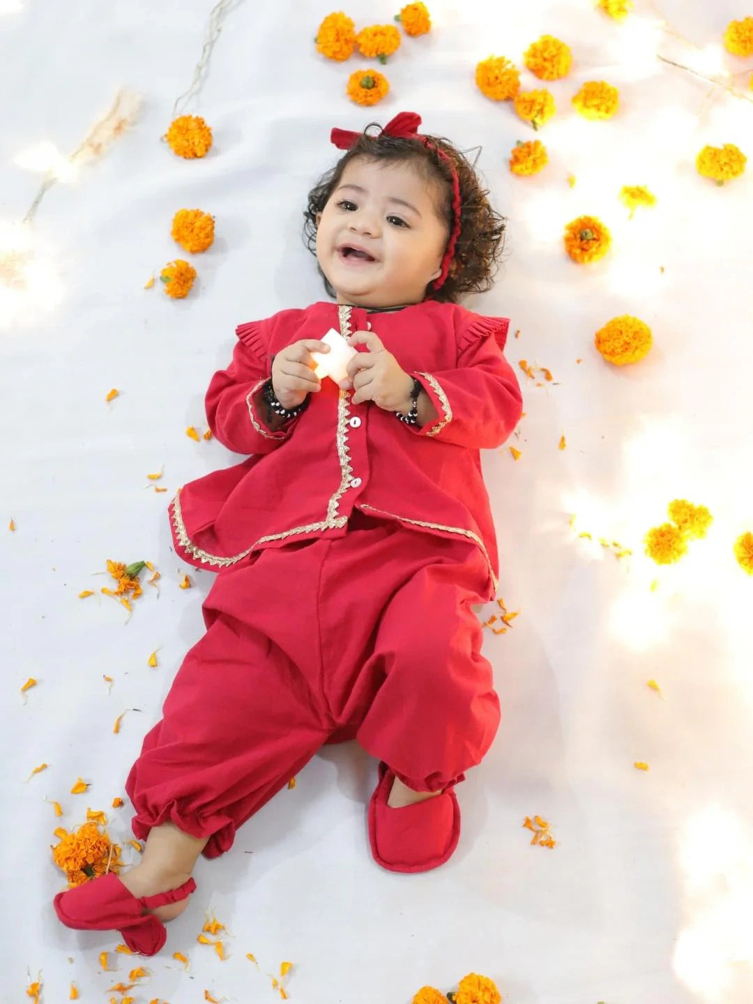 Bownbee Girls Pure Cotton Ethnic Set For Infants   -  Red
