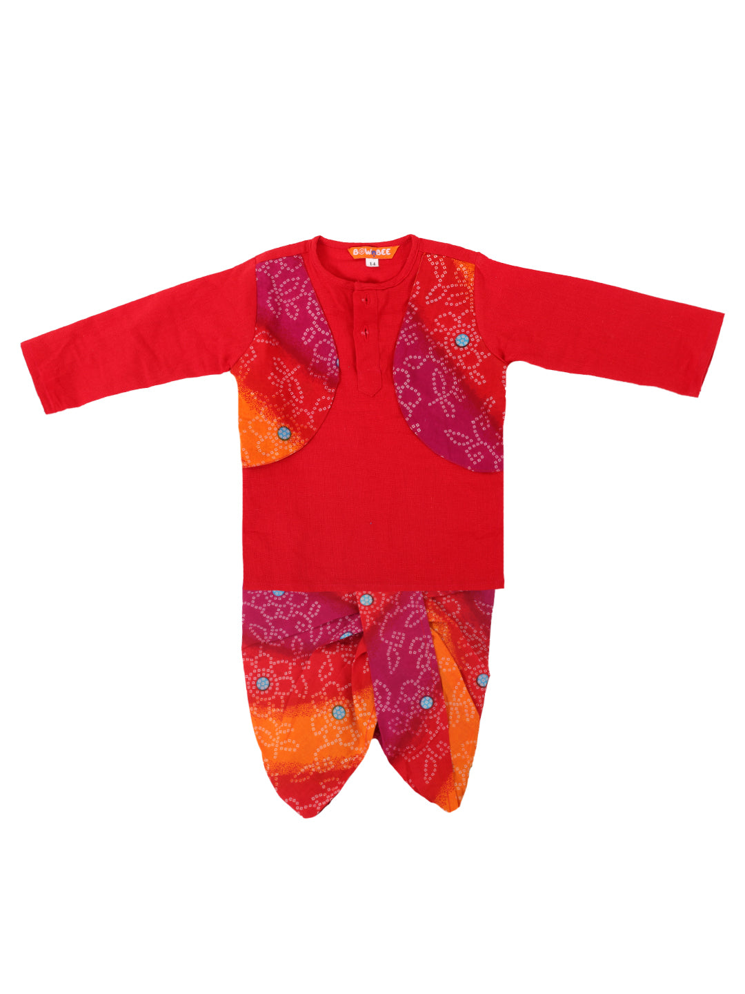 BownBee Pure Cotton Attached Jacket Dhoti Kurta With Booties for Baby Boy- Red