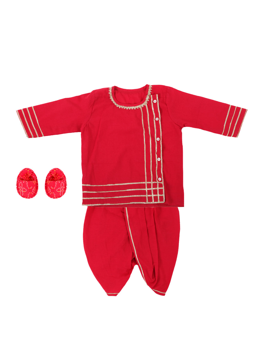 BownBee Pure Cotton Full Sleeve Dhoti Kurta with Booties for Baby Boy- Red