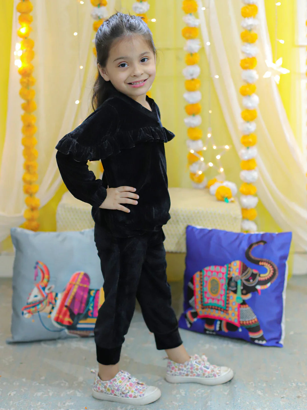 BownBee Velvet Frill Top Pant Full Sleeve Winter Set for Girls