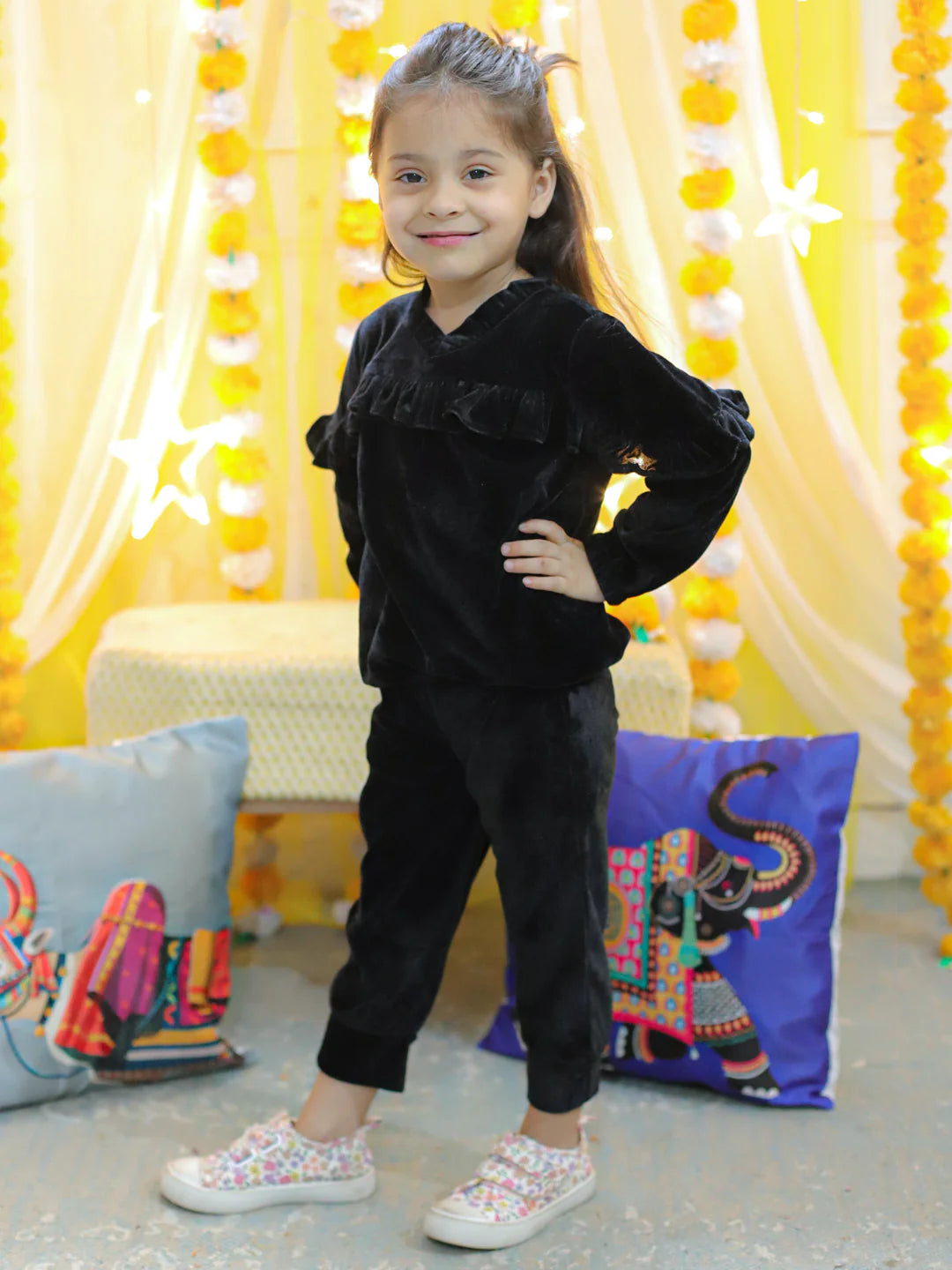 BownBee Velvet Frill Top Pant Full Sleeve Winter Set for Girls