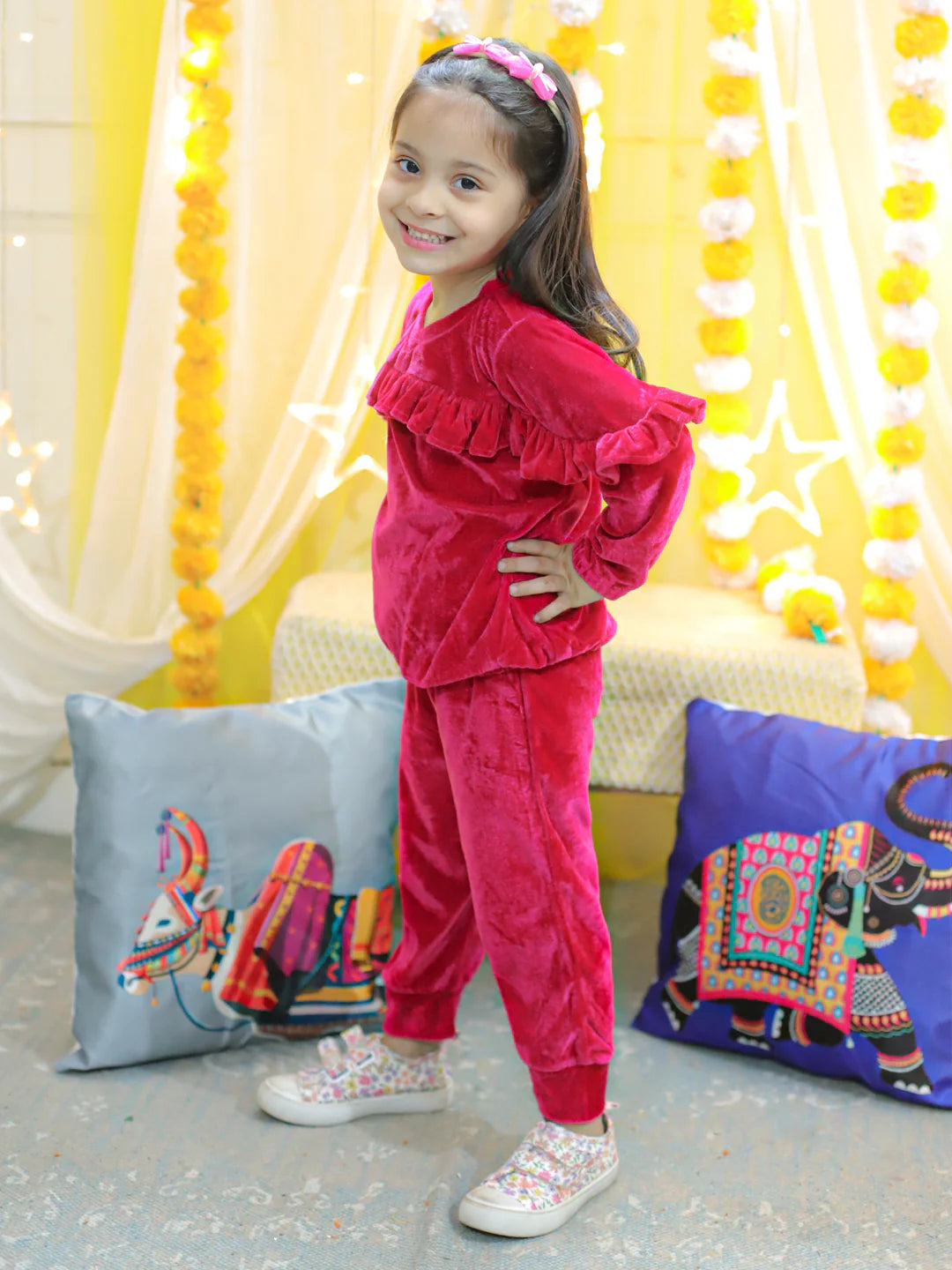 BownBee Velvet Frill Top Pant Full Sleeve Winter Set for Girls